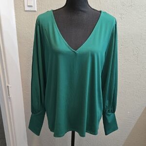 New Eloquii Emerald Green Bishop Long Sleeve V-Neck Blouse